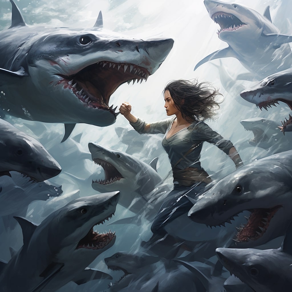 remaginet_a_female_fighting_against_multiple_standing_sharks_9691f10f-5d0b-40e7-8b15-facb6e6d6ca4